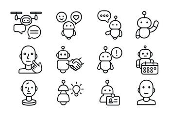 Fototapeta premium Social Microbot Icon Set. Outline icon set of social interaction microrobots: micro translator drones, emotion
