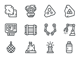 Cosmic Salvage Icons. Outline icon set of cosmic shipwreck salvage: hull plates, engine cores, reactor
