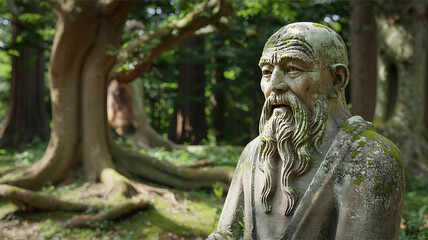 Stone statue of a bearded man in a garden with trees in the background