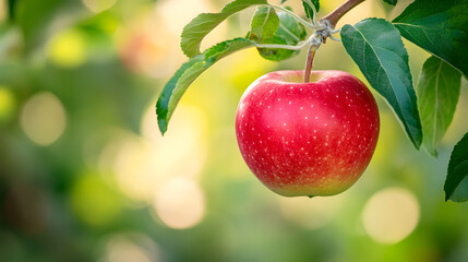 Ripe Red Apple Hanging on a Tree Branch with Green Leaves