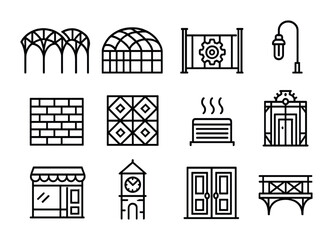 Victorian Industrial Icon Set. Outline icon set of victorian industrial arcades: iron arches, glass roofs,