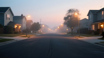 Quiet suburban street at dawn with soft lighting and misty atmosphere