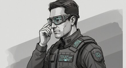 Futuristic Male Soldier Wearing High-tech Glasses and Tactical Gear in Monochrome Style