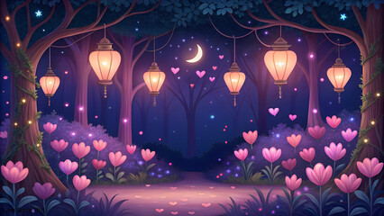 A whimsical forest scene with lanterns, flowers, and a crescent moon in a dreamy setting