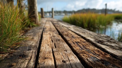 Weathered Wooden Boardwalk Surrounded by Lush Greenery and Water