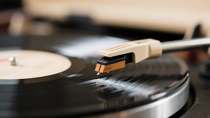 Close-up of a vinyl record playing on a turntable with a stylus needle
