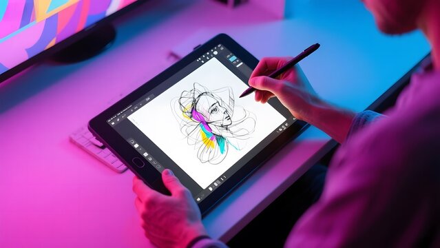 Artist drawing a colorful sketch on a digital tablet under vibrant neon lighting