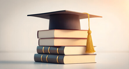 A graduation cap with gold tassel on top of a stack of books against a white background surface
