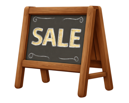 Sale signboard on wooden stand with chalk text rustic style blackboard promotional cheerful advertising retail marketing shop business discount