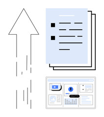 Arrow symbolizing upward progress with documents and web interface. Ideal for data transfer, development, cloud management, technology, innovation, efficiency, collaboration. Simple flat metaphor