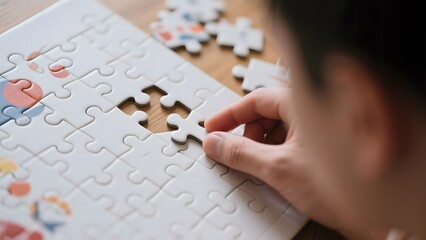 Person assembling a colorful puzzle on a wooden table