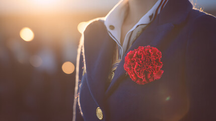 A red carnation pinned on a navy blue jacket, sunlight filtering through with Spanish flags in the background.