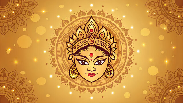 Illustration of durga maa face with golden crown and ornaments on a golden bokeh background