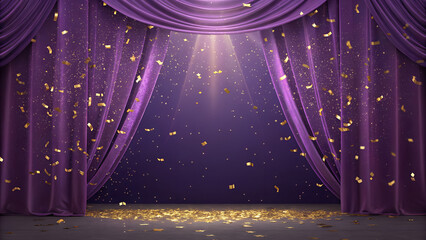 A purple curtain opening with golden confetti falling on the stage in a spotlight beam shining down