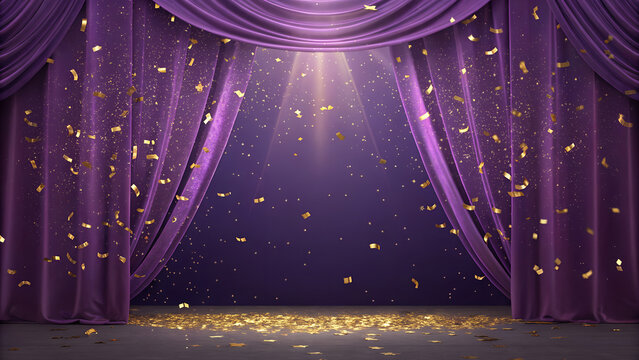 A purple curtain opening with golden confetti falling on the stage in a spotlight beam shining down