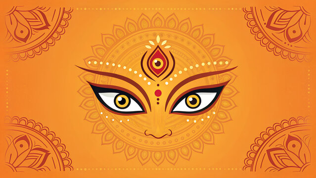 Illustration of durga maa face with third eye on orange background and decorative floral corners