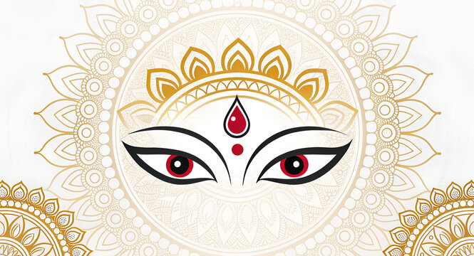 Illustration of durga mata eyes with red bindi and golden floral design on a white background