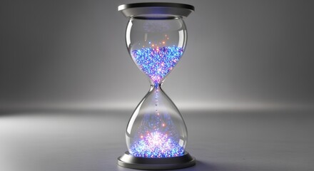 A glass hourglass filled with blue and pink glitter particles on a gray gradient background space scene