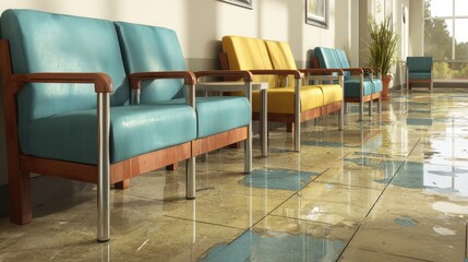 Waterlogged waiting area hospital photography indoor eye-level impact of water damage on space