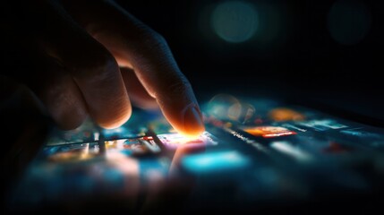 Digital Interface Interaction: A hand skillfully interacts with a sleek, modern digital interface, highlighting the dynamic relationship between human and technology