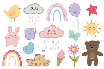 Fun doodle set with rainbows, flower, heart, clouds, sun, bear, ship. Childlike crayon drawing style.