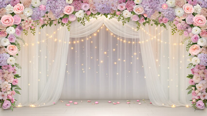 Floral archway with white curtains and string lights creating a romantic backdrop setting indoors
