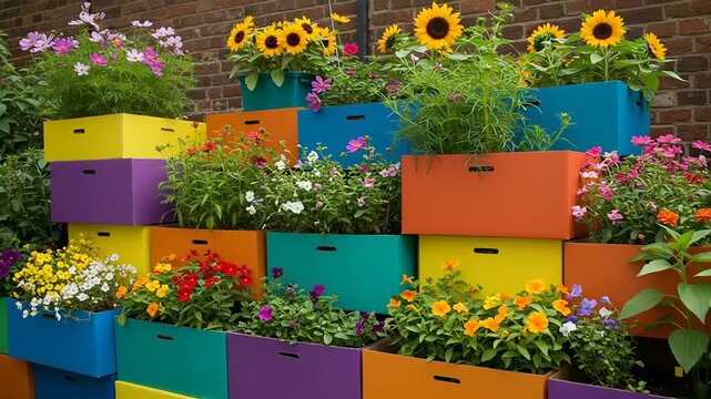 Colorful flower boxes with vibrant blooms in urban garden