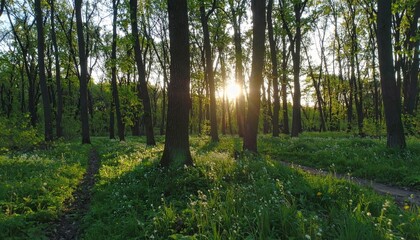 Obraz premium Sunlight streams through a lush green forest, illuminating the trees and ground cover in a tranquil woodland scene.