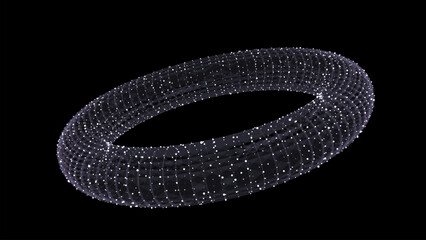 3D futuristic vector geometric shape with purple dots and lines. Structure technology network connection. Abstract wireframe torus twist form. Ai in dark cyberspace background.