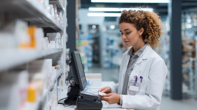 Pharmacist at Hospital Verifying Medication Using Computer System