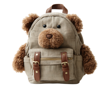 Teddy bear backpack small cute brown soft plush children kindergarten animal face playful fun school bag isolated canvas leather strap zipper pocket adorable gift preschool stuffed creative unique
