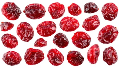 Numerous dried cranberries arranged on a white background