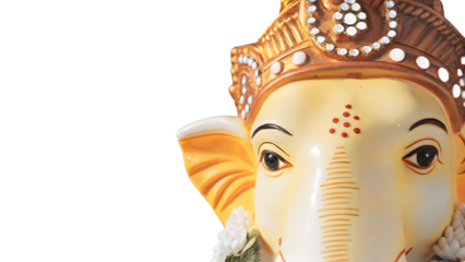 Lord Ganesha face PNG with golden crown, floral garland, and realistic details, high-resolution transparent devotional image for festivals, worship, and design projects.

