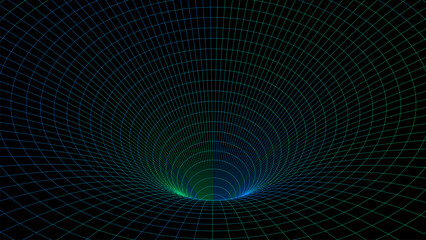 Obraz premium Futuristic vector sci-fi circle portal in space. 3D colors ai tunnel with dots and lines. Abstract digital wormhole data. Flow particle by funnel. Fantasy circle vortex on dark background.