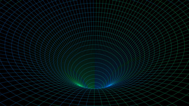 Fototapeta Futuristic vector sci-fi circle portal in space. 3D colors ai tunnel with dots and lines. Abstract digital wormhole data. Flow particle by funnel. Fantasy circle vortex on dark background.