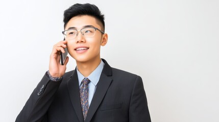 Business professional talking on phone office setting portrait bright environment upbeat concept