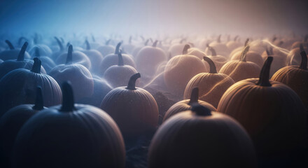 Obraz premium Mystical pumpkin patch in a foggy cinematic atmosphere with glowing particles and contrasting blue and orange light