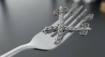 Close up of a silver fork with ornate fleur de lis details and chain wrapped around the tines on gray