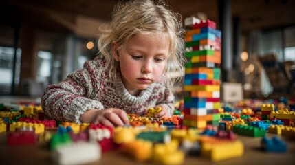 Child Engaged with Colorful Building Blocks in Playful Environment