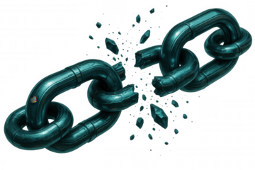 Metallic chain fragmenting, shattering into sharp pieces against transparent backdrop, symbolizing liberation and personal breakthrough