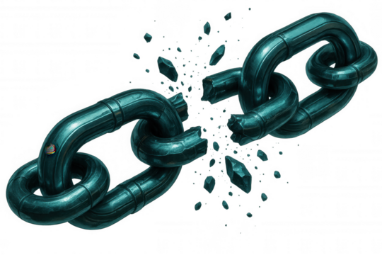 Metallic chain fragmenting, shattering into sharp pieces against transparent backdrop, symbolizing liberation and personal breakthrough - Powered by Adobe