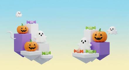 3d render of cute halloween ghosts, pumpkins, and candy on floating islands with a pastel gradient background