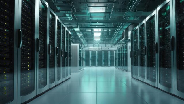 Expansive Server Room Corridor with Cool Teal Glow and Reflective Surfaces