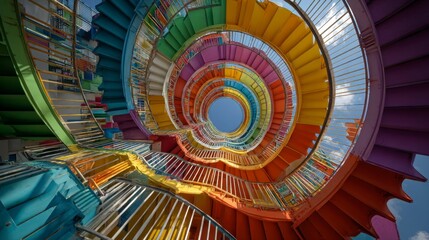 Fototapeta premium Colorful Spiral Slide View from Below in a Playground Setting