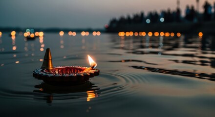 Obraz premium Floating Diya Lamps on Water at Dusk