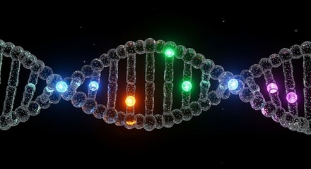 A close up view of a dna strand with colorful glowing sections against a dark black background space