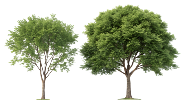 Set of two deciduous green trees PNG, realistic high-resolution transparent nature image for landscaping, design, and environmental projects.
