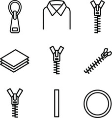 Black Outline Icons Shirt, Zipper, Fabric, Circle, Line on Transparent Background