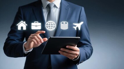 A businessman using tablet with glowing icons of house, briefcase, globe, coins, airplane, concept of Travel Insurance, Secure travel, travel coverage - Powered by Adobe