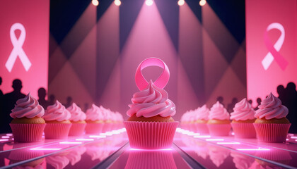 Elegant pink cupcake display at fundraiser fashion show, awareness raising